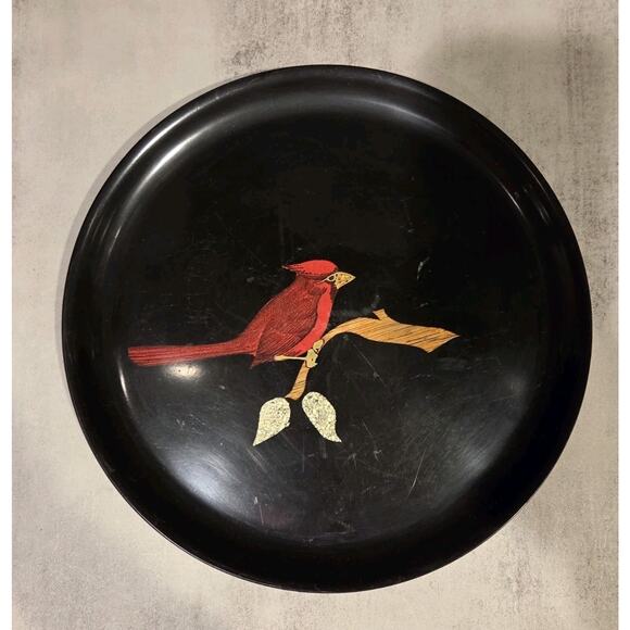 Couroc of Monterey Red Cardinal Bird on Branch Round Black Tray Platter 10½" GUC - Picture 7 of 11